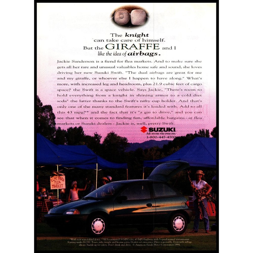 1995 Suzuki Swift Hatchback Vintage Print Ad Flea Market Giraffe Wall Art Photo